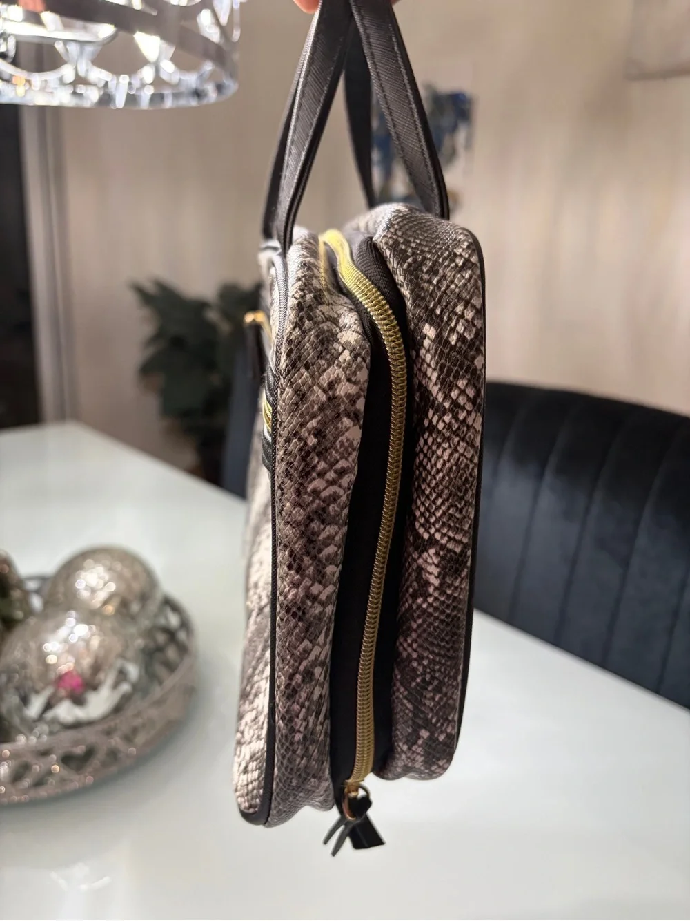 Trina Turk Black and Cream Snake-Print Cosmetic Case with Gold Zip